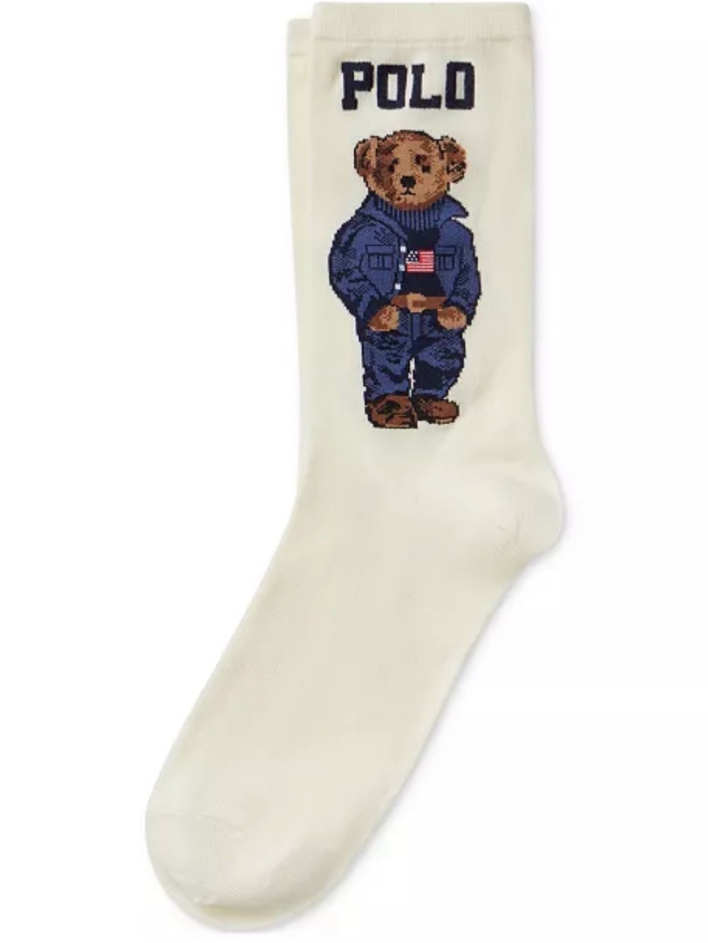 Polo by Ralph Lauren Cream Crew Socks with Navy Bear Motif - Picture 2 of 4